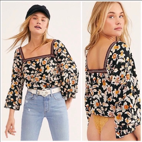 Free People Tops - Free People Blooming Borders floral square neck bell sleeve crop top size S